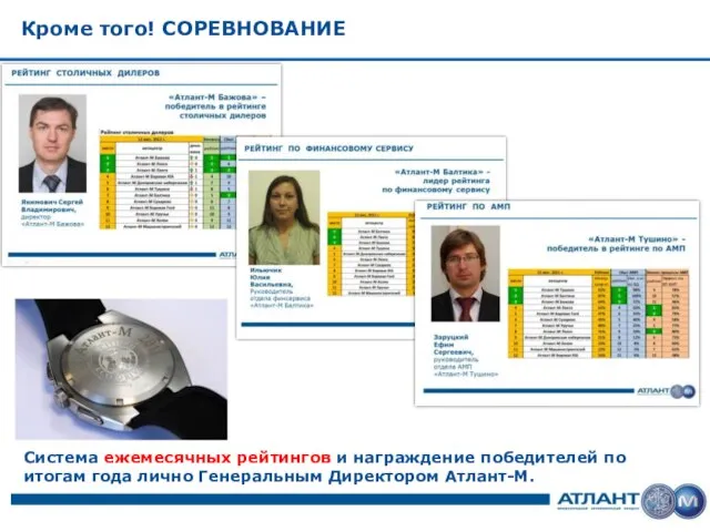 Кроме того! СОРЕВНОВАНИЕ Система ежемесячных рейтингов и награждение победителей по итогам года лично Генеральным Директором Атлант-М.