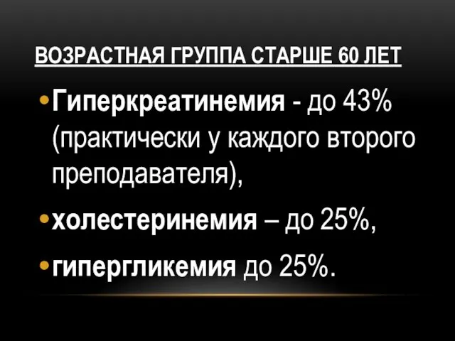 ВОЗРАСТНАЯ ГРУППА СТАРШЕ 60 ЛЕТ Гиперкреатинемия - до 43% (практически у каждого