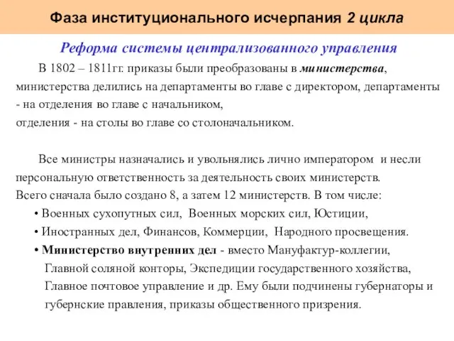 Фаза институционального исчерпания 2 цикла Реформа системы централизованного управления В 1802 –