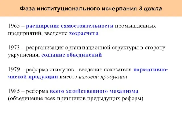 Фаза институционального исчерпания 3 цикла 1965 – расширение самостоятельности промышленных предприятий, введение