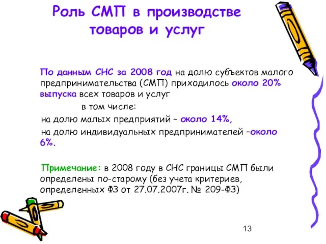 Роль СМП в производстве товаров и услуг По данным СНС за 2008