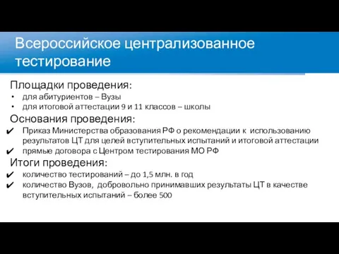 Всероссийское централизованное тестирование Площадки проведения: для абитуриентов – Вузы для итоговой аттестации