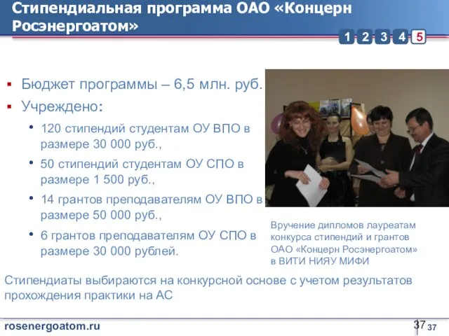Стипендиальная программа ОАО «Концерн Росэнергоатом» Бюджет программы – 6,5 млн. руб. Учреждено: