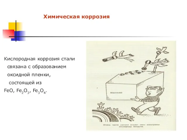 Химическая коррозия Кислородная коррозия стали связана с образованием оксидной пленки, состоящей из FeO, Fe2O3, Fe3O4.