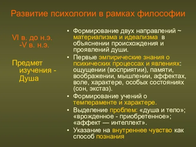 Развитие психологии в рамках философии VI в. до н.э. -V в. н.э.