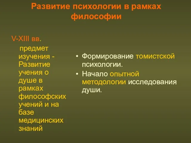 Развитие психологии в рамках философии V-XIII вв. предмет изучения -Развитие учения о