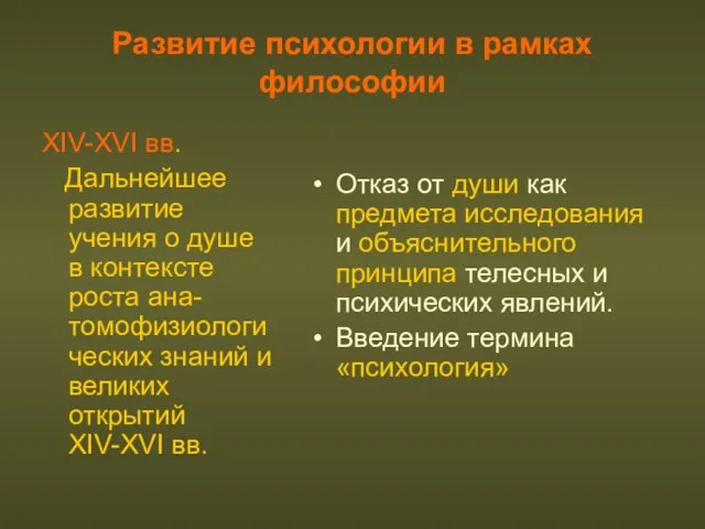 Развитие психологии в рамках философии XIV-XVI вв. Дальнейшее развитие учения о душе