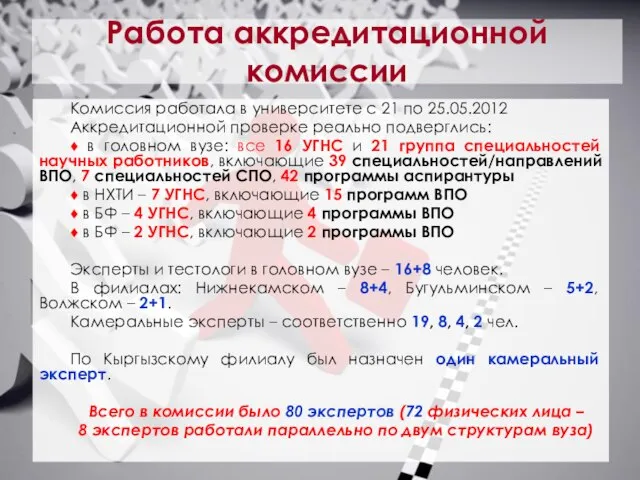 Работа аккредитационной комиссии Комиссия работала в университете с 21 по 25.05.2012 Аккредитационной