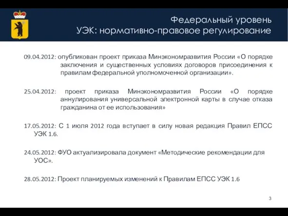 Федеральный уровень УЭК: нормативно-правовое регулирование 09.04.2012: опубликован проект приказа Минэкономразвития России «О