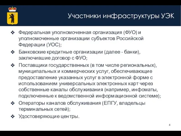 Участники инфраструктуры УЭК Федеральная уполномоченная организация (ФУО) и уполномоченные организации субъектов Российской