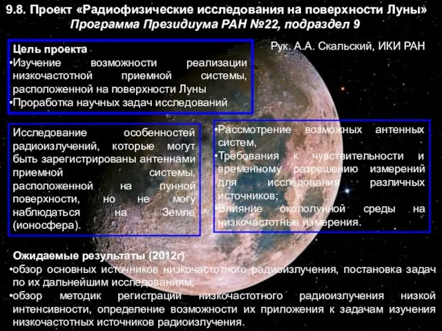 9.8. Проект «Радиофизические исследования на поверхности Луны» Программа Президиума РАН №22, подраздел