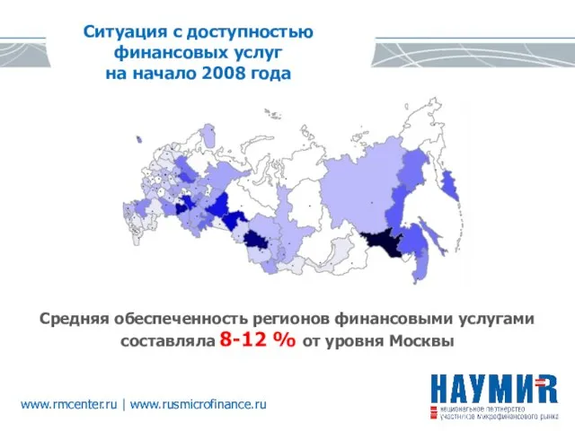 Ситуация с доступностью финансовых услуг на начало 2008 года Средняя обеспеченность регионов