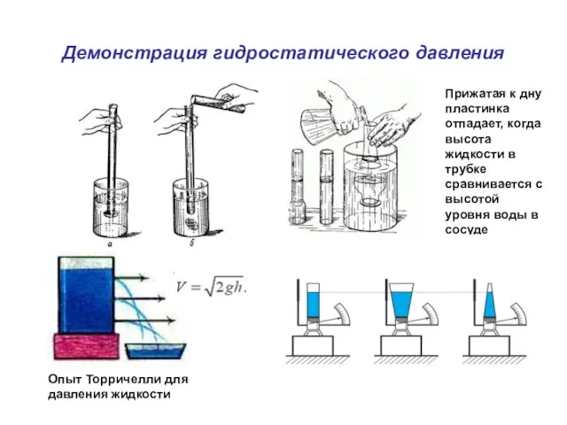 Демонстрация гидростатического давления Опыт Торричелли для давления жидкости Прижатая к дну пластинка