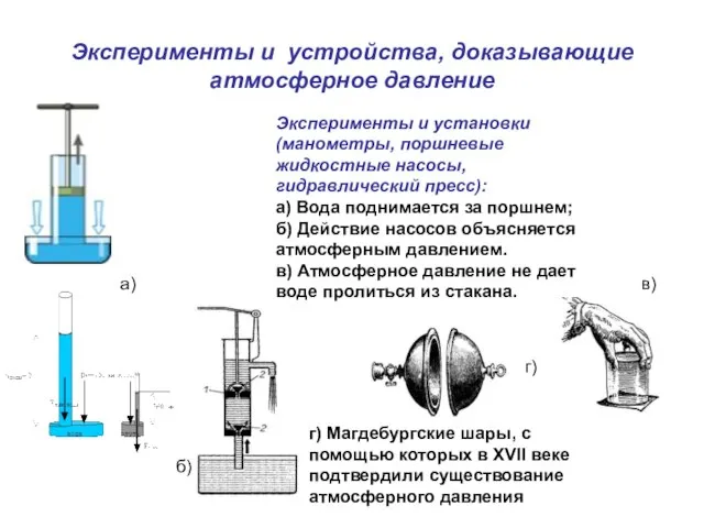 Эксперименты и устройства, доказывающие атмосферное давление Эксперименты и установки(манометры, поршневые жидкостные насосы,
