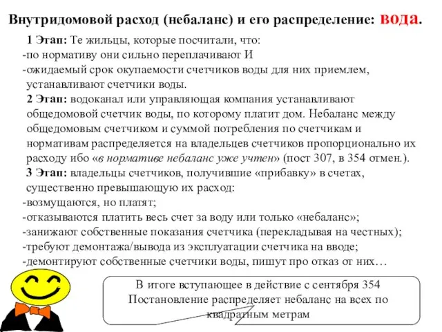 Внутридомовой расход (небаланс) и его распределение: вода. В итоге вступающее в действие