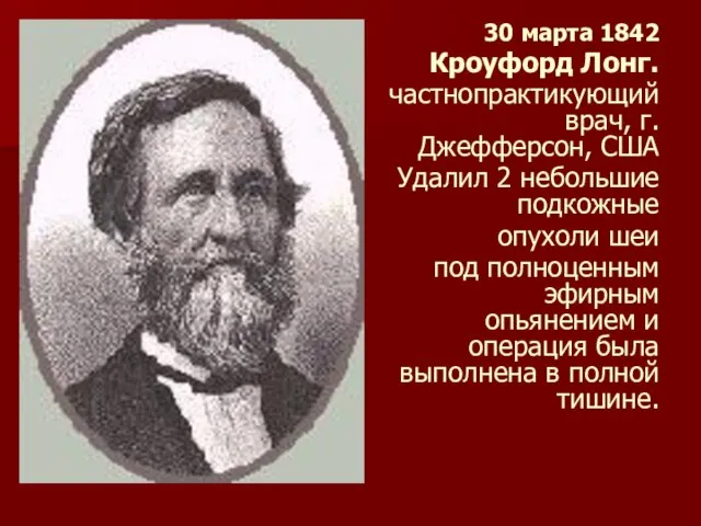 30 марта 1842 Кроуфорд Лонг. частнопрактикующий врач, г. Джефферсон, США Удалил 2