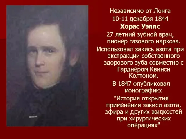 Независимо от Лонга 10-11 декабря 1844 Хорас Уэллс 27 летний зубной врач,