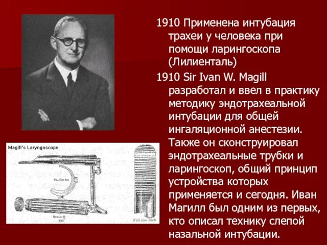 1910 Применена интубация трахеи у человека при помощи ларингоскопа (Лилиенталь) 1910 Sir