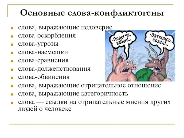 Основные слова-конфликтогены слова, выражающие недоверие слова-оскорбления слова-угрозы слова-насмешки слова-сравнения слова-долженствования слова-обвинения слова,