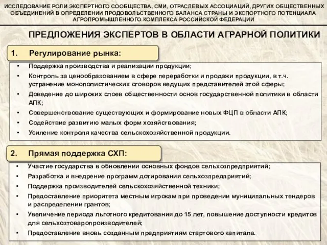 2. Прямая поддержка СХП: 1. Регулирование рынка: ПРЕДЛОЖЕНИЯ ЭКСПЕРТОВ В ОБЛАСТИ АГРАРНОЙ