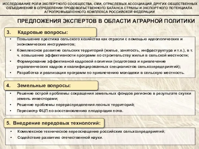 ПРЕДЛОЖЕНИЯ ЭКСПЕРТОВ В ОБЛАСТИ АГРАРНОЙ ПОЛИТИКИ 4. Земельные вопросы: 3. Кадровые вопросы: