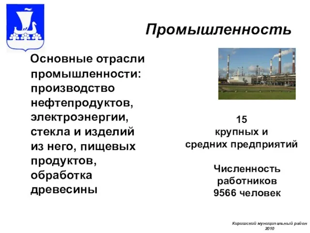 Промышленность Основные отрасли промышленности: производство нефтепродуктов, электроэнергии, стекла и изделий из него,