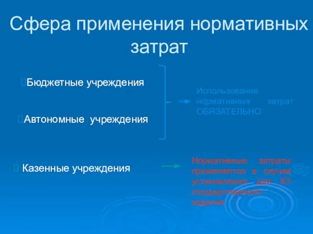 Сфера применения нормативных затрат Бюджетные учреждения Автономные учреждения Казенные учреждения Использование нормативных