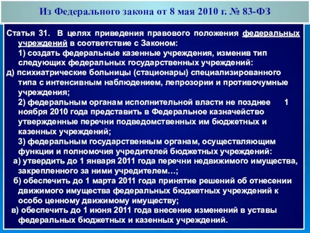 Из Федерального закона от 8 мая 2010 г. № 83-ФЗ Статья 31.