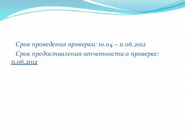 Срок проведения проверки: 10.04 – 11.06.2012 Срок предоставления отчетности о проверке: 11.06.2012