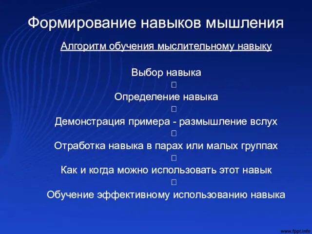 Формирование навыков мышления Алгоритм обучения мыслительному навыку Выбор навыка ? Определение навыка