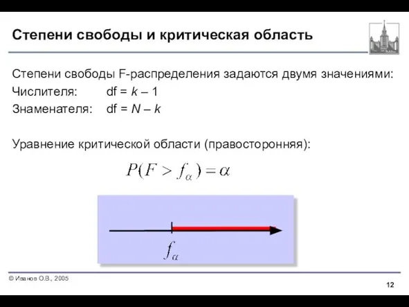 Степени свободы и критическая область Степени свободы F-распределения задаются двумя значениями: Числителя: