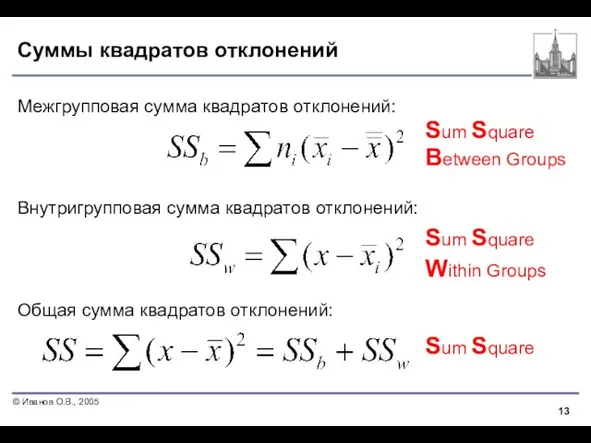 Суммы квадратов отклонений Межгрупповая сумма квадратов отклонений: Внутригрупповая сумма квадратов отклонений: Общая