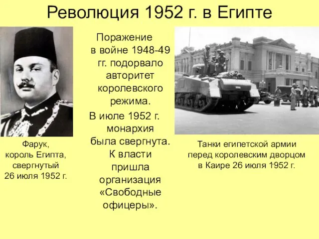 Революция 1952 г. в Египте Поражение в войне 1948-49 гг. подорвало авторитет