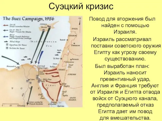 Суэцкий кризис Повод для вторжения был найден с помощью Израиля. Израиль рассматривал