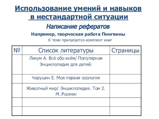 Использование умений и навыков в нестандартной ситуации Написание рефератов Например, творческая работа