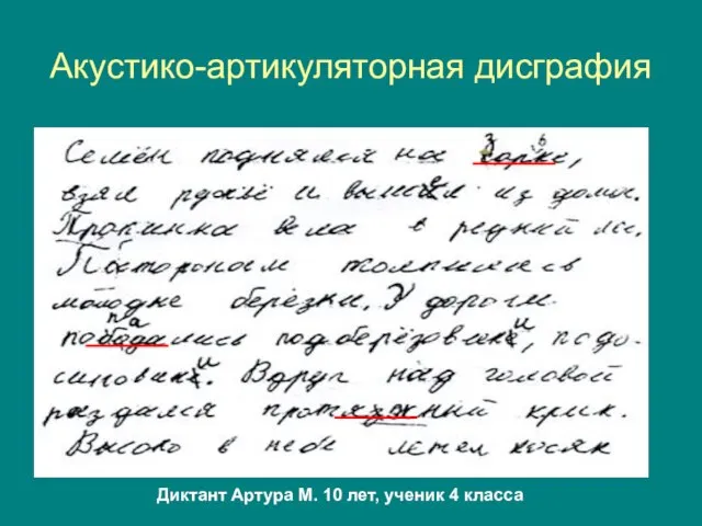 Акустико-артикуляторная дисграфия Диктант Артура М. 10 лет, ученик 4 класса