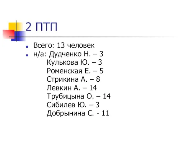 2 ПТП Всего: 13 человек н/а: Дудченко Н. – 3 Кулькова Ю.