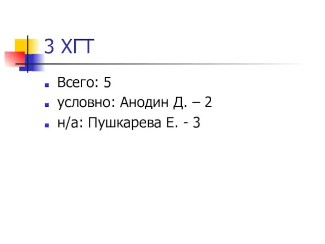 3 ХГТ Всего: 5 условно: Анодин Д. – 2 н/а: Пушкарева Е. - 3