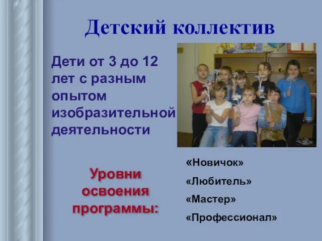 Детский коллектив Дети от 3 до 12 лет с разным опытом изобразительной