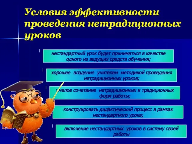 Условия эффективности проведения нетрадиционных уроков нестандартный урок будет приниматься в качестве одного