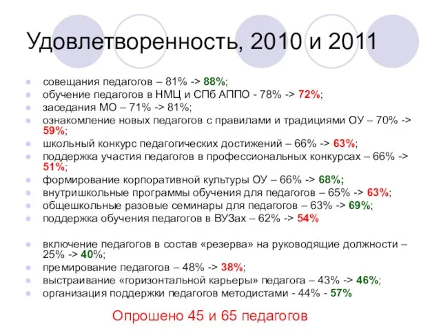 Удовлетворенность, 2010 и 2011 совещания педагогов – 81% -> 88%; обучение педагогов