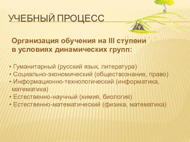 УЧЕБНЫЙ ПРОЦЕСС Организация обучения на III ступени в условиях динамических групп: Гуманитарный