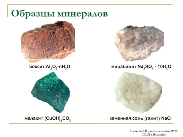 Образцы минералов боксит Al2O3·nH2O мирабилит Na2SO4 · 10H2O малахит (CuOH)2CO3 каменная соль
