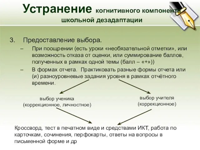 Устранение когнитивного компонента школьной дезадаптации Предоставление выбора. При поощрении (есть уроки «необязательной