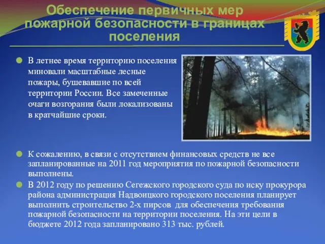 В летнее время территорию поселения миновали масштабные лесные пожары, бушевавшие по всей