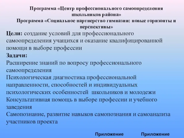 Программа «Центр профессионального самоопределения школьников района» Программа «Социальное партнерство гимназии: новые горизонты