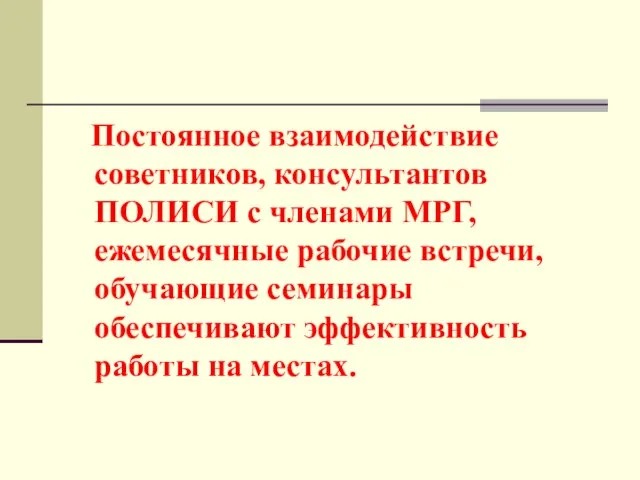 Постоянное взаимодействие советников, консультантов ПОЛИСИ с членами МРГ, ежемесячные рабочие встречи, обучающие