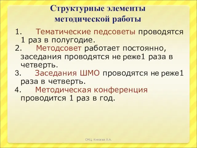 Структурные элементы методической работы 1. Тематические педсоветы проводятся 1 раз в полугодие.