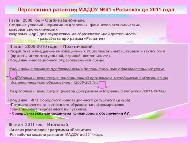 Перспектива развития МАДОУ №41 «Росинка» до 2011 года I этап 2008 год