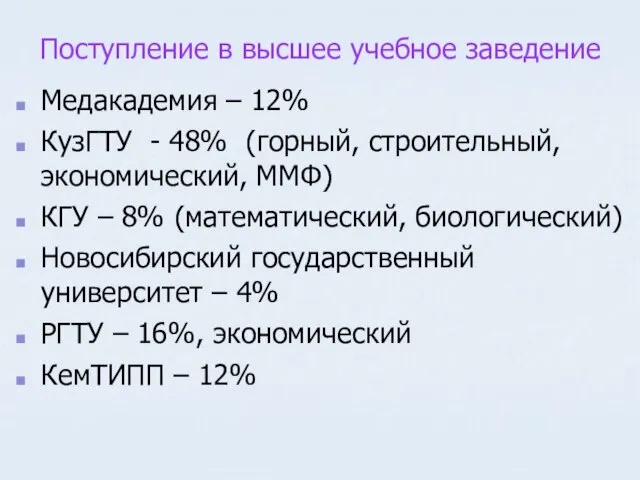 Поступление в высшее учебное заведение Медакадемия – 12% КузГТУ - 48% (горный,